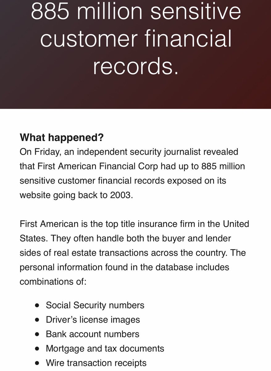 thestevemcgarry's tweet photo. An independent journalist revealed #FirstAmericanFinancial had 880 million customer records exposed on their website going back to 2003🤯
Records included:
-SSN numbers
-DL images
-Bank account numbers
-Mortgage and tax documents
-Wire TX receipts
Buy #bitcoin
Source @LifeLock https://t.co/tTgHnZBT0E