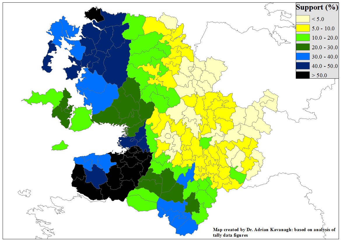 AdrianKavanagh's tweet photo. For Mayo Week #MayoWeek, part of the @geogsocire #YearofGeography series
Support (%) for Michael Ring (Fine Gael), by electoral division, at the 2007 General Election
Very obvious western focus to his support patterns with clustering of very high support around his Westport base https://t.co/nJsMtGrt9q