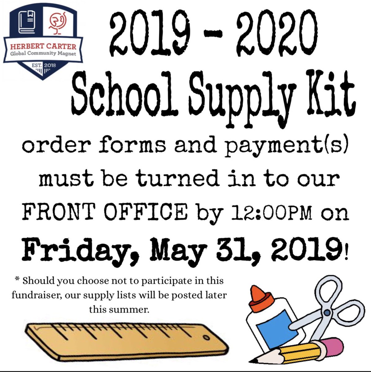 HCGCmagnet's tweet photo. REMINDER | All school supply kit orders and payments are due THIS Friday, May 31st! 

If you’re new to HCGC and haven’t picked up your PARENT PACKET, please do so ASAP. This packet contains school supply info and lots of other things! 
.
.
.
#teamHCGC
#ONEpatriotONEcommunity https://t.co/qYnR34NWqk