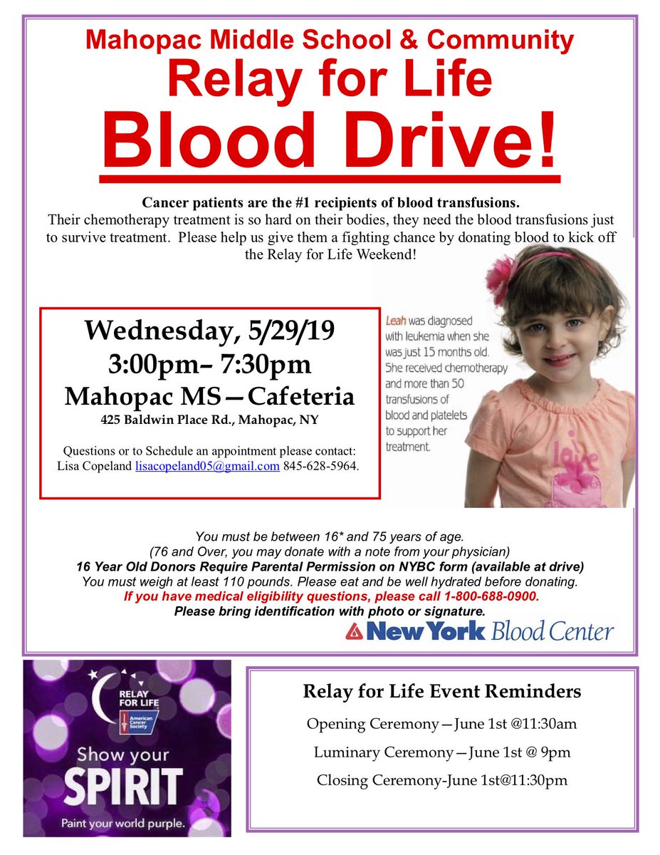 MahopacSchools's tweet photo. Reminder! Blood Drive is tomorrow! @ARPanthers @ARPanthersPTO @LakeviewPto @bulldogslv @MMS_PACPride @allyfallman @PKeevins @BlessingMahopac @PacHS_Principal @PacHS_Calabro @mtromblee1 @EdServices_MCSD @Ziegelhoferg https://t.co/qy5WFdWf1q