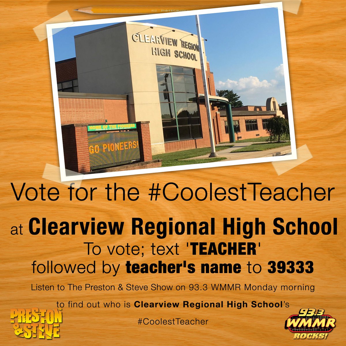 PrestonSteve933's tweet image. Back to school and back to voting! Students at Clearview: tell us who's your #CoolestTeacher by texting "Teacher + (name)" to 39333.

Winner will be announced Wednesday morning. @viewathletics @CViewMedia @ViewHealthy