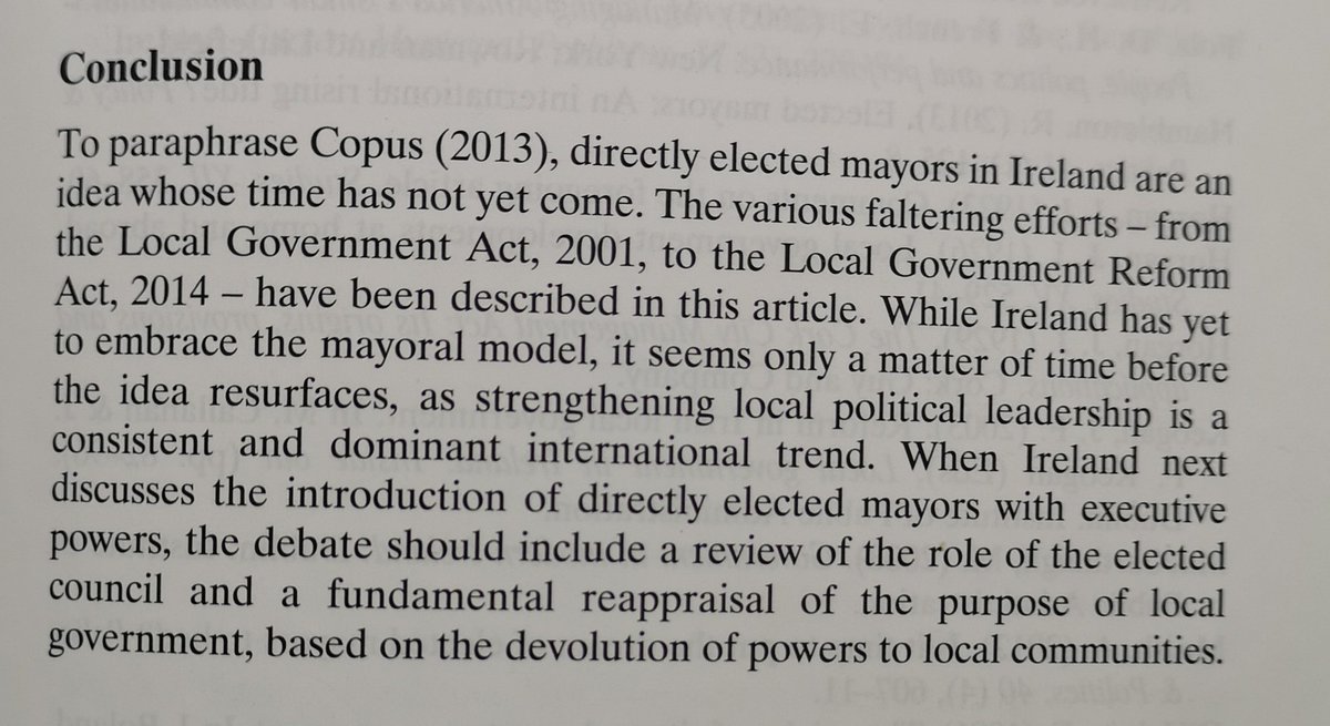 AodhQuinlivan's tweet photo. Re-reading an article I wrote in 2015 in @AdminJournal about directly elected mayors. Worth recalling we legislated for the introduction of DEMs in 2001 but we're still not there. At least Limerick is one step closer. @CorkMayor @moranjohna1 @limerickcitybiz #mayoralplebiscite https://t.co/KnQ0PRA4n7
