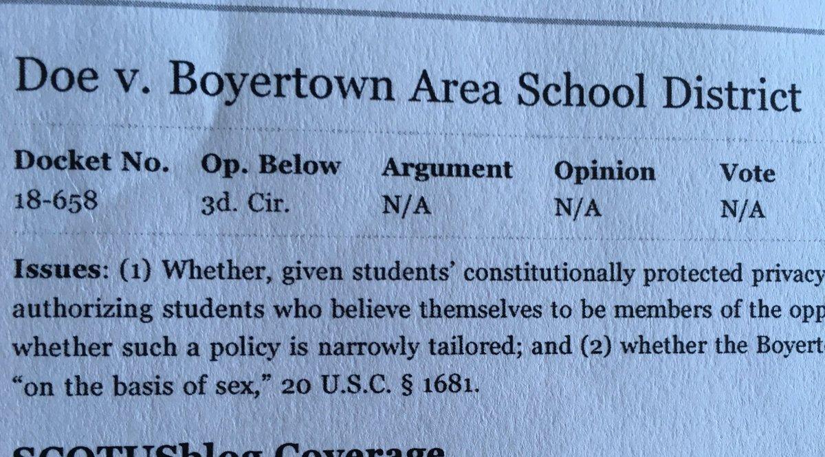 stevetawa's tweet photo. .@ACLU: "It's "an enormous victory for transgender students," adding Boyertown Area School District "chose to be inclusive." @AllianceDefends, which asked the Supreme Court to hear case, argued "the 3rd Circuit's decision "made a mess of bodily privacy and Title IX principles." https://t.co/BoJ6AyHwvR