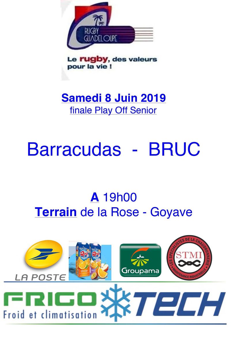 BrucRugby's tweet photo. ‼️A vos agendas ‼️ l’équipe senior masculine du @BrucRugby défendra son titre le samedi 8 juin 2019 sur le terrain de Goyave à 19h ! Venez nombreux supporter les verts et blanc 🏆🏆

On veut le bouclar @BrucRugby @FFRugby @VilledesAbymes @VilleGoyave #RugbyGuadeloupe #BRUCRugby https://t.co/hMvxNZzxnl