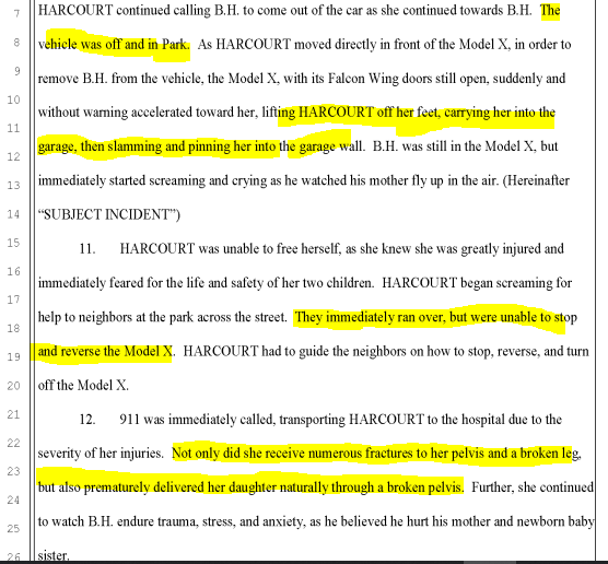 orthereaboot's tweet photo. Parent's worse nightmare lived.

A mother retrieving her toddler son from a $TSLA parked in her garage instead has the car suddenly accelerate, slamming her against the wall.

The car wouldn't stop, breaking several bones &amp; causing premature delivery of 2nd child.

Harcourt https://t.co/7Nqp8gGJBh