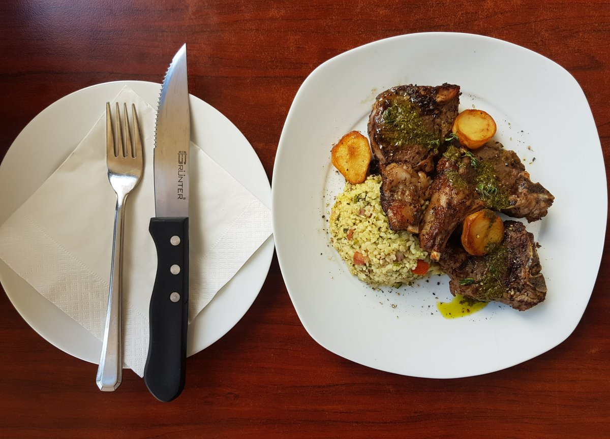 dltkitchen's tweet photo. This is our Greek style lamb chops with mint sauce, a side of tabouleh &amp; crispy baby potatoes #dltkitchen 
Wine: @waterfordestate 2016 Cabernet Sauvignon https://t.co/IlGisSb9H9