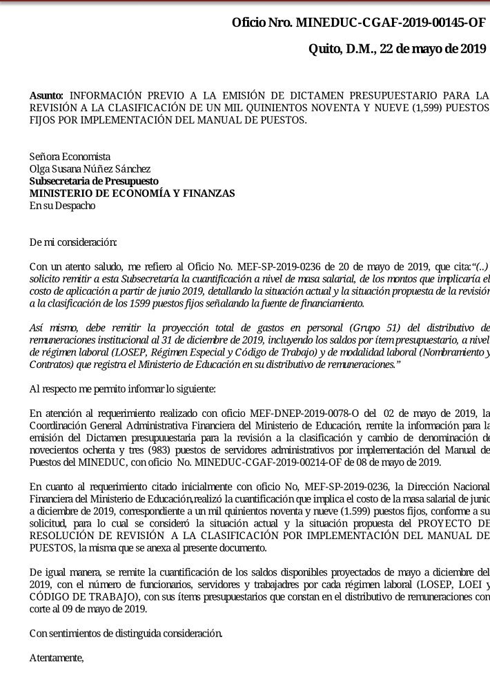 serv_publi_Ec's tweet photo. @reclasificacion @FinanzasEc @Lenin @Presidencia_Ec @MinTrabajoEc

@RichardM_A 28 de mayo seguimos en espera del DICTAMEN PRESUPUESTARIO PARA LA REVISIÓN A LA CLASIFICACIÓN DE UN MIL QUINIENTOS NOVENTA Y NUEVE(1,599) PUESTOS
FIJOS POR IMPLEMENTACIÓN DEL MANUAL DE PUESTOS 2da fase https://t.co/k3HmXtAeoj