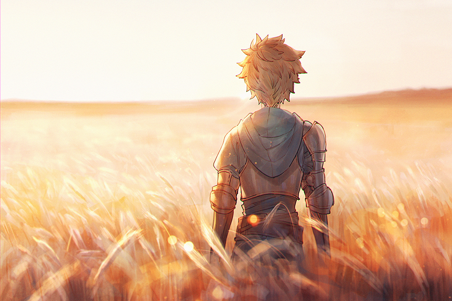 gran (granblue fantasy) 1boy male focus solo from behind hood armor outdoors  illustration images