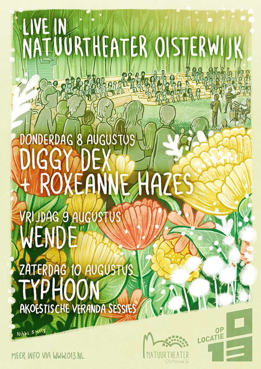 This is a gigposter I made for <a href="/013/">013 Poppodium</a> and @natuurtheaternl. A theater in the middle of nature! With the awesome artists: <a href="/DiggyDex/">Diggy Dex</a>, <a href="/RoxeanneHazes/">Roxeanne Hazes</a>, <a href="/wendesnijders/">wende</a> and <a href="/typhoon/">Typhoon</a>.