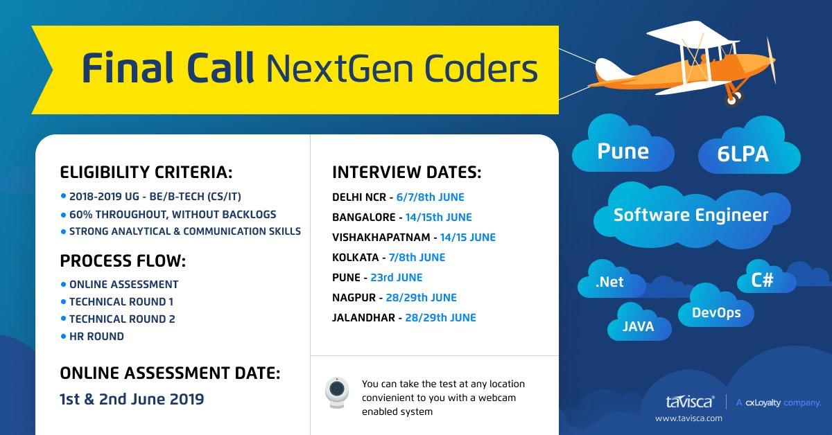 MyAnatomyMA's tweet photo. #Tavisca is calling for NextGen #Coders !!
#Test & Registration Link for the #candidature process: https://t.co/eLSUOu1dd5
#Registration link will be active till: 2nd June'19
#C #JAVA #TraineeProgrammer #Hiring #SoftwareEngineer #SoftwareTrainee #Fresher #Job #MyAnatomy https://t.co/0RzfayBzRs