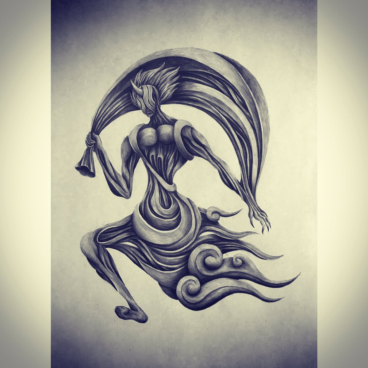 あつつき 風神雷神 イラスト 鉛筆画 風神雷神