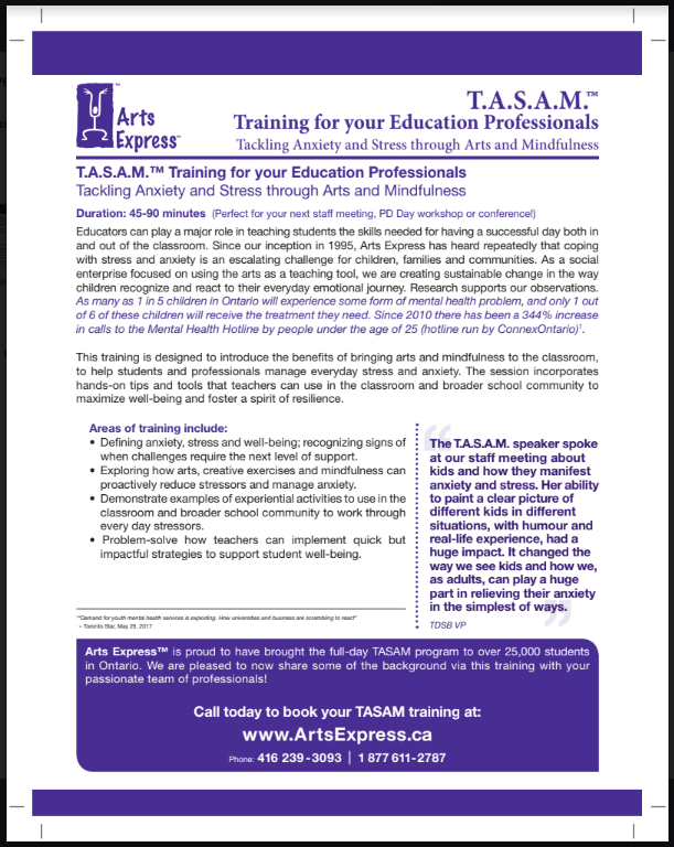 ArtsExpress1's tweet photo. Thank you @SummitHeightsPS 4 inviting #ArtsExpress 2 your school. We had a wonderful day sharing T.A.S.A.M. - Training for your Education Professionals Tackling Anxiety & Stress through Arts & Mindfulness
#StaffLunchAndLearn #TASAM #TDSB #TCDSB #Peelps #dpcds #Halton #Toronto https://t.co/OFRocVkQHK