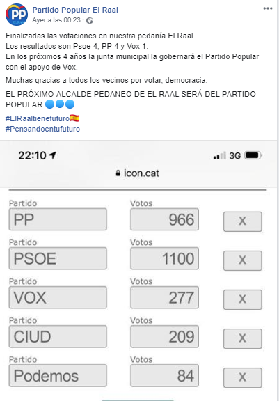 franrlopez's tweet photo. El Partido Popular de El Raal afirma en su Facebook que la formación de Antonio Campillo (VOX) apoyará a los populares en la conformación de la Junta Municipal y hará alcalde a un miembro del PP. 
#LaVozdeElRaal https://t.co/h3StbYwt3K
