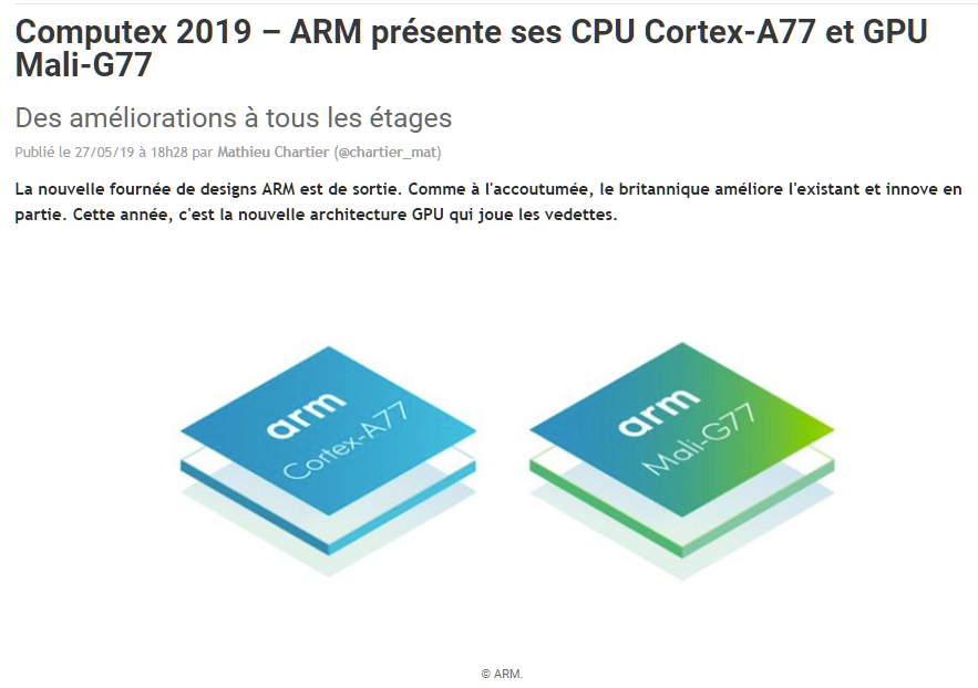 FranckyPedia's tweet photo. Computex 2019 – ARM présente ses CPU Cortex-A77 et GPU Mali-G77 > https://t.co/YUfxPQaDOj via @lesnums #ARM #CPU #CortexA77 #A77 #GPU #MaliG77 #G77 https://t.co/1Vpr9jGpMC