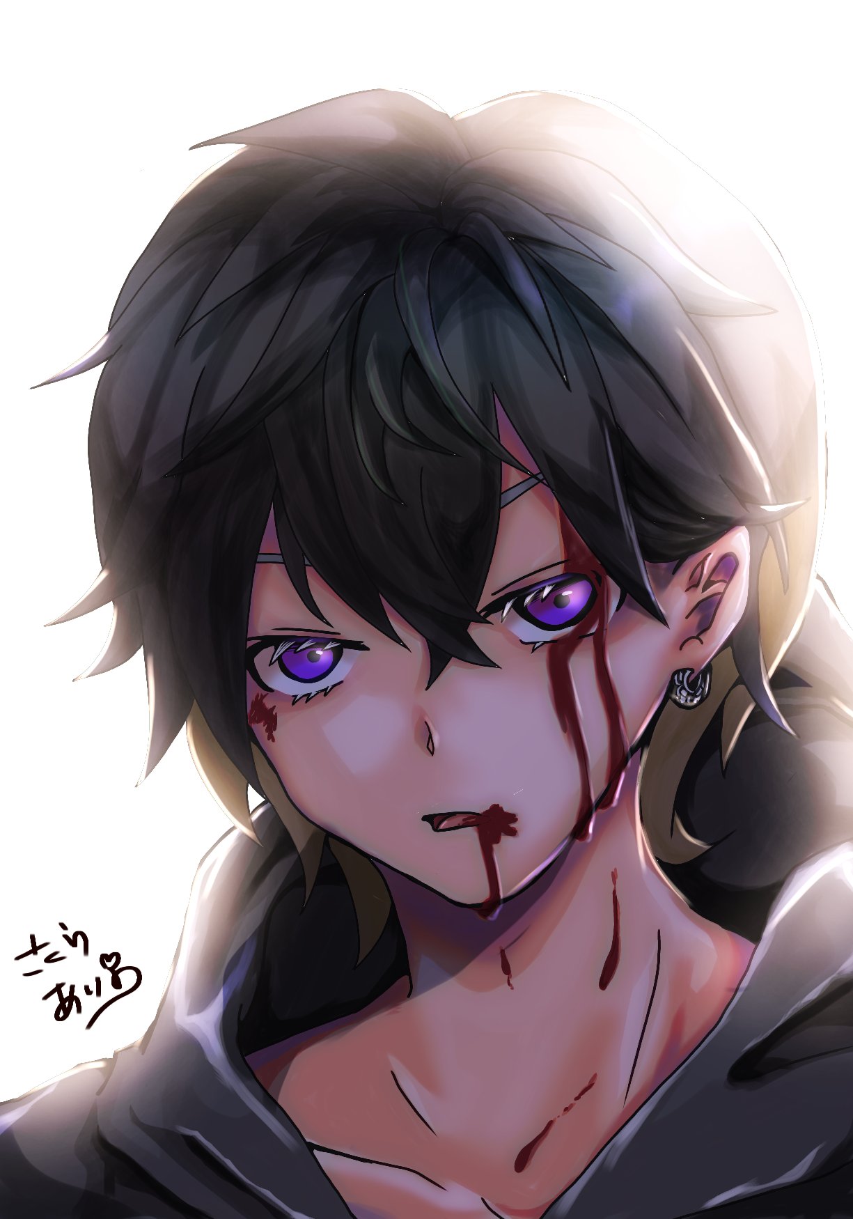 Twitter 上的 佐倉ありの 新規絵up 髪を面で細かく分けてみるのはいつもより陰影つけやすかったような気がします 逆光やりすぎたような気もします 目のハイライト無くても良かったかも 傷や血の描きかた要練習 迷走したメイキングです Sony So 01lで描いて