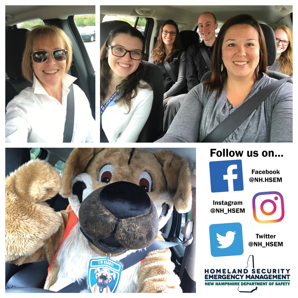 NH_HSEM's tweet photo. We join the NH Clique! Just like Ready the Prepared Puppy, HSEM staff is always prepared! @NH_HSEM and @NHHighwaySafety wants everyone to make sure they are prepared when they hit the road by always buckling up! #buckledupselfie #BuckleUpNH #ImBuckledWithNHSP #ReadyNH https://t.co/2M3NHcWAw9