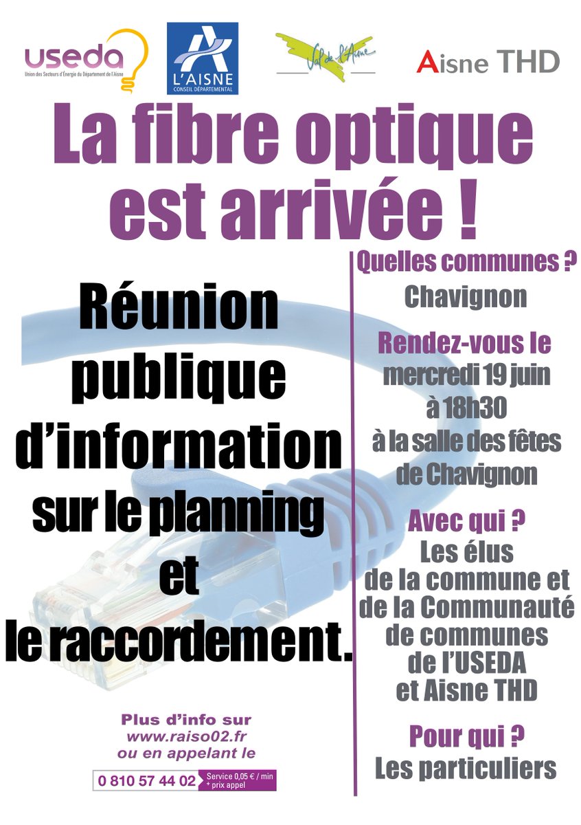 useda02000's tweet photo. #RéunionPublique #FibreOptique : Les habitants de #Chavignon sont conviés le mercredi 19 juin à 18h30 à la salle des fêtes de la commune, pour s'informer sur le planning et les modalités de #raccordement à la #fibre optique ! #Aisne #CD02 #CCduValdelAisne https://t.co/Tnp7kbePr2