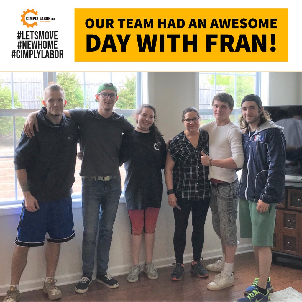 CimplyLabor's tweet photo. We had such an awesome time working with Fran! Our team wishes her a fantastic first summer her new home. Thank you for choosing Cimply Labor, Fran!
⁣#tuesday #tuesdaythoughts #tuesdaymovesday #movingday #movingcompany #allsmiles #families #friends #familyandfriends #funatwork # https://t.co/aND6DYiia0