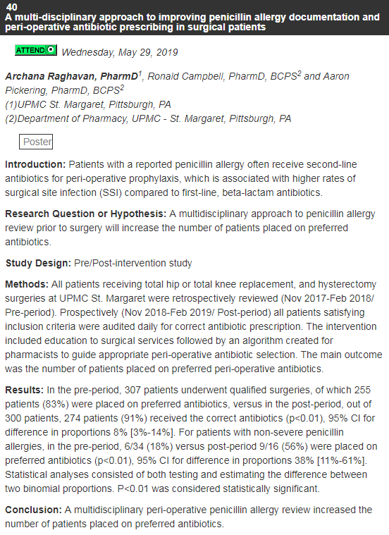 BBookstaver_USC's tweet photo. Some great abstracts in @accp virtual symposium.  Like this one from UPMC St. Margaret by Archana Raghavan et al. on PCN allergy reconciliation &amp; surgical prophylaxis.  #pharmacy #penicillinallergy #PAAST https://t.co/RjOycyzbVJ