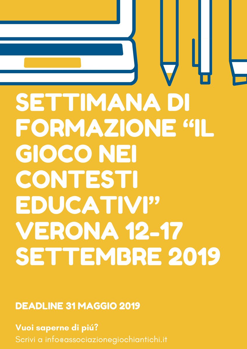 👩‍🏫 Il gioco nei contesti educativi: settimana di formazione, Verona dal 12 al 17 settembre 2019. Per candidarti o per info scrivi a info@associazionegiochiantichi.it entro il 7 Giugno
