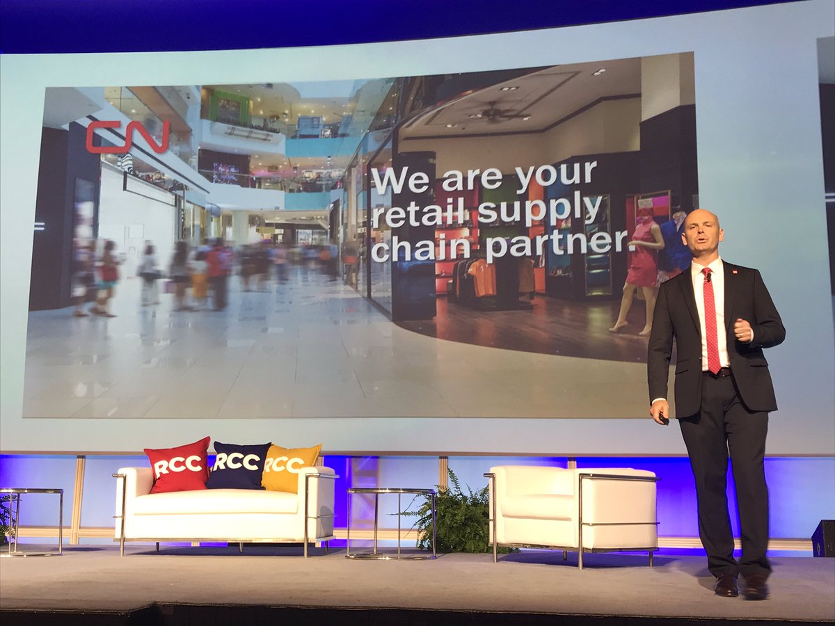 ShaunaT_MC's tweet photo. If you wear it, eat it, use it it’s likely moved on @CNRailway - helping retail be successful in growing their businesses. @andrewfullerCN doing the first “Fast Five” at #STORE19 #RetailMatters @RetailCouncil https://t.co/RXXnhRpQ8w