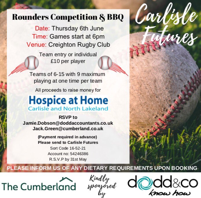 Our next event kindly sponsored by <a href="/CumberlandBS/">The Cumberland</a> and @DoddAccountants ...it would be great to see as many people there as possible! Let's prey for sunshine ☀️🍔⚾️
