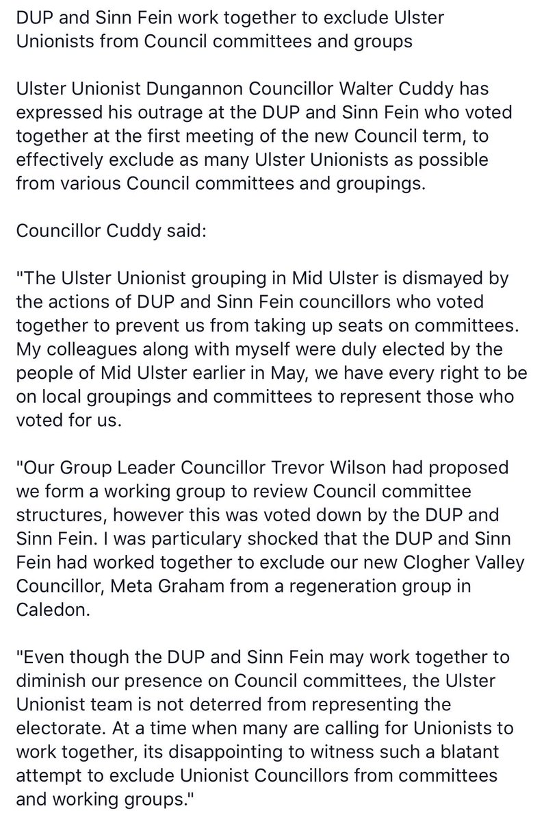 FSTUUP's tweet photo. Councillor Walter Cuddy: “The DUP and Sinn Fein have worked together to reduce the number of @uuponline representatives on Council committees and various outside bodies. We will not be deterred from representing the electorate who put us there.” @_MarkGlasgow @RTC_127 https://t.co/SgNe9rMOnn