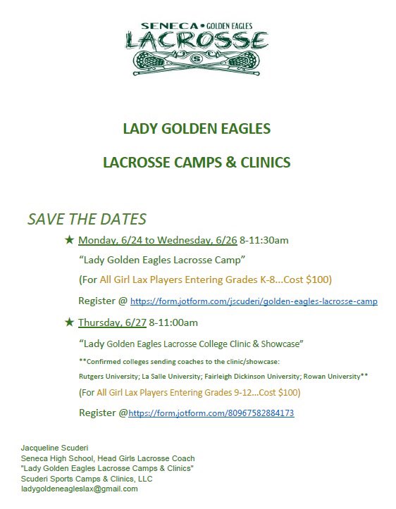 Seneca girls varsity coach will host this youth camp, June 25-26; and college showcase June 27. Camp registration DEADLINE is THIS Sunday!