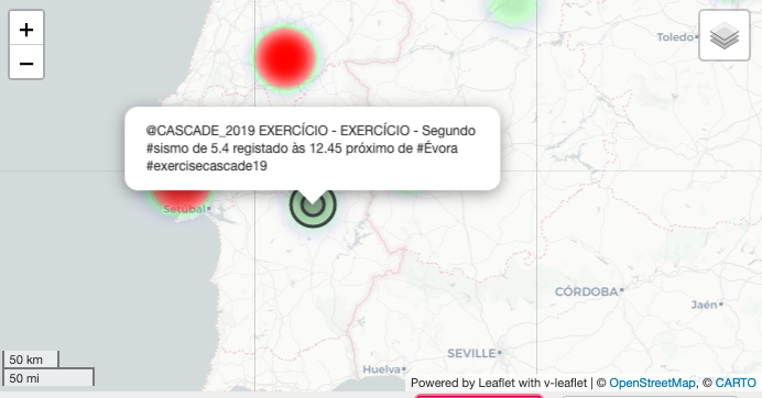 VOSTPT's tweet photo. ℹ️ #exercisecascade19 exemplo de monitorização de informação nas redes sociais, com # e geolocalização activada, permitindo aos serviços de @ProteccaoCivil aferir da situação no terreno. #SMEM @CASCADE_2019 ℹ️ https://t.co/5JrTnChpZ9