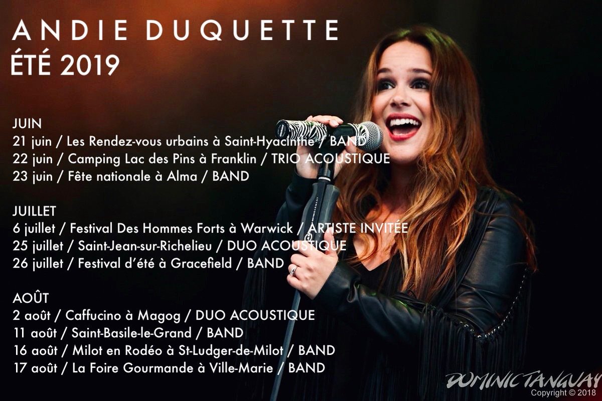 🚨OYÉ, OYÉ!🚨
Voici enfin les dates de mes spectacles pour l'été 2019! 🥳
Alors, on se voit où? J'ai hâte de vous voir... 🤩
Andie xxx