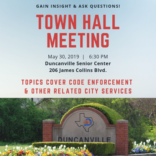 CityDuncanville's tweet photo. Join us for a Town Hall meeting regarding typical Code Enforcement concerns, as well as parking, property, health, and fire code related issues. City Staff will provide an overview of the topics and answer questions from residents.  Thurs, May 30 | 6:30 pm | Senior Center https://t.co/Jg9iOcqb95