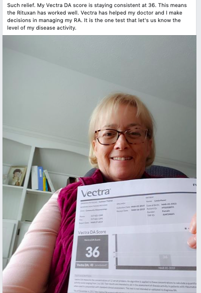 VectraScore's tweet photo. Weβre thrilled to hear that Ambassador Lindaβs #Vectra results were consistent and that her treatment plan is working! #RA #RedefiningRA #ArthritisAwarenessMonth https://t.co/Iv0pgGkR3j