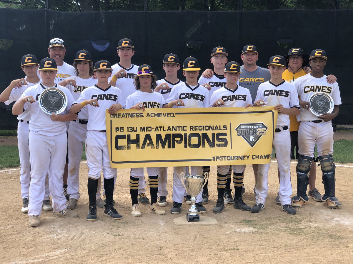 This weekend the 13u Gold team won the PG 13u Mid-Atlantic Championship. In the  championship game they defeated the Mid-Atlantic Show 11-0 behind the arm of Sean Williams.  Sean Williams was named MVP Pitcher and Jimmyll Williams was named MVP! #CaneGang #Rings
