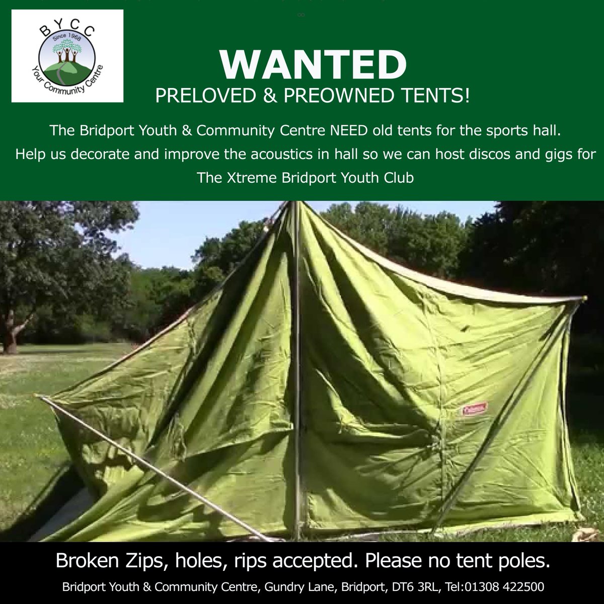 Need a new tent? Don't just throw away your old one! BYCC are asking for old tents without the tent poles. We need them to decorate the ceiling of the sports hall to host discos for Xtreme Youth Club. Drop them into the centre. Thank you.