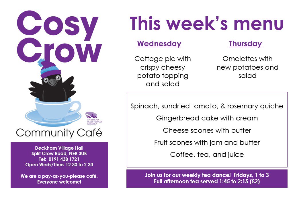 GatesheadOPA's tweet photo. Here's this week's Cosy Crow menu -- hope you can join us! Remember, all meals are offered on a pay-as-you-please basis and everyone is welcome, so if you have the kids home for #halfterm, feel free to pop along! #Gateshead #Deckham #Felling https://t.co/El0WepMFnP