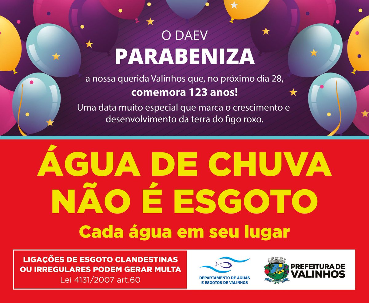 folhanoticias's tweet image. ➡🔟 O DAEV parabeniza a cidade de Valinhos pelos 123 anos de crescimento e desenvolvimento. Viva a terra do figo roxo! #daev #valinhos #aguaeesgoto #parabens #aniversario