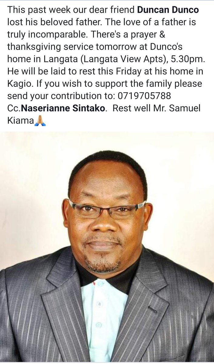 Kambua's tweet photo. Rest well Mr. Kiama aka Baba @DuncoMusic . Friends, please find details attached on how you can support Dunco Atalaku's family🙏🏽 https://t.co/hKrhJt0oEV