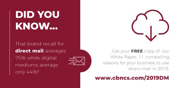 cbncomsol's tweet image. Did you know…that brand recall for direct mail averages 75% while digital mediums average only 44%? Get your free copy of  our White Paper, 11 compelling reasons for your business to use direct mail in 2019. 
cbncs.com/2019DM
#directmail #marketing #directmailmarketing