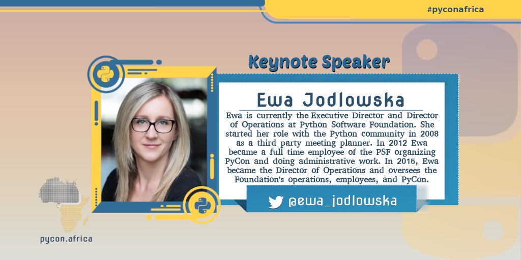 Pycon Africa (@pyconafrica) on Twitter photo We are excited to announce that Ewa Jodlowska (<a href="/ewa_jodlowska/">Ewa Jodlowska</a>) would be a Keynote speaker at #PyConAfrica 2019! 🥳💃🏽
#PyConAfrica19 #PyCon #PythonAfrica #1stPyconAfrica #Python We are excited to announce that Ewa Jodlowska (<a href="/ewa_jodlowska/">Ewa Jodlowska</a>) would be a Keynote speaker at #PyConAfrica 2019! 🥳💃🏽
#PyConAfrica19 #PyCon #PythonAfrica #1stPyconAfrica #Python
