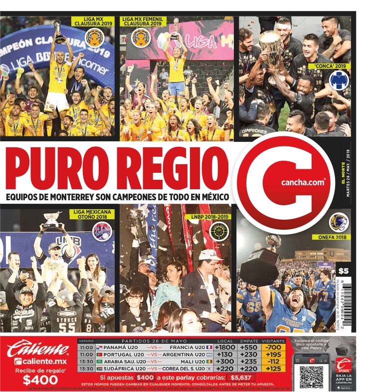 RMorenoCANCHA's tweet photo. #LaPortada 
Así amaneció @CANCHAELNORTE en su edición impresa.

@TigresOficial 
@TigresFemenil 
@Rayados 
@SultanesOficial 
@Fuerza_Regia 
@AUTENTICOS_UANL 

6 títulos de campeón de equipos regios en los últimos 8 meses.
OPINA

¡Sígueme!

#Ajúa
#ArribaelNorte
#TierradeCampeones https://t.co/R8rOHHsoef