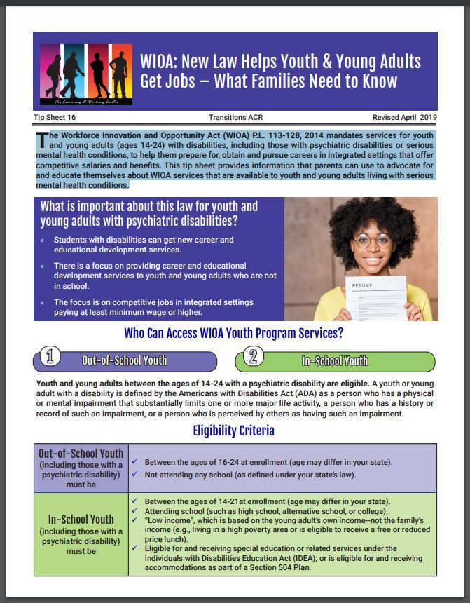UMass_SPARC's tweet photo. WORTH READING! Whoa for WIOA!
WIOA: New Law Helps Youth & Young Adults with Serious Mental Health Conditions Get Jobs – What Families Need to Know
https://t.co/i6DyT3OYDD
Pass it on.
#TransitionsACR
#YouthEmployment
#YouthMentalHealth
#MentalHealthMatters
#TipSheetTuesday https://t.co/KIPdkeQlrJ