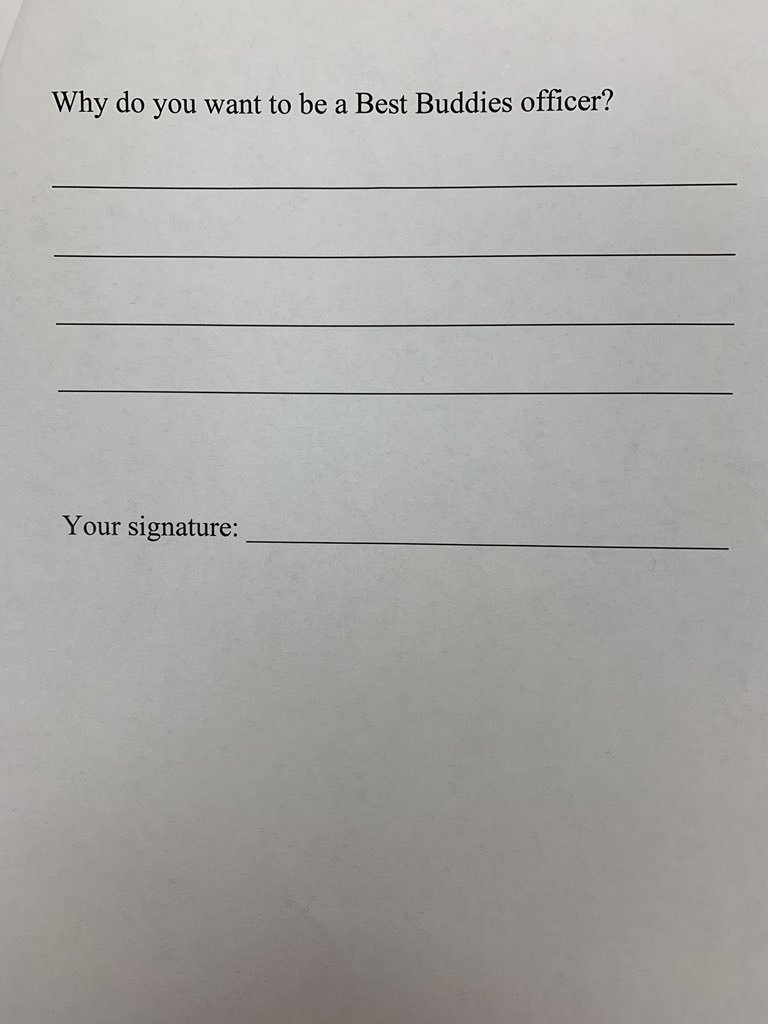 looking to be a best buddies officer? see mrs. bouzan for more information and an application! applications are due tomorrow!!! there is information on which positions are available and their responsibilities!