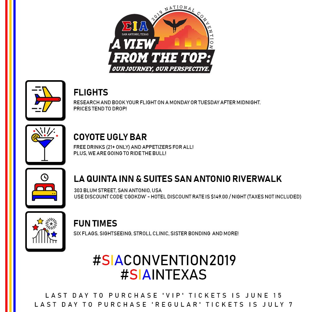 HermandadDeSIA's tweet photo. Good morning Hermanas! Here's some quick info to get you ready for #SIAConvention2019! More details in link: https://t.co/FyoKc6OLyH
#Hermandad #ExcelenSIA #LovelyLatinLadies #Latinas #SIAinTexas #SIAThere! https://t.co/rhG5iNCLL8