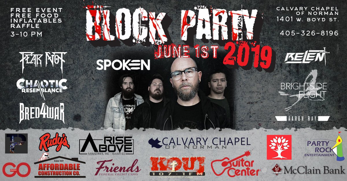 1071_Kouj's tweet photo. 🎉The KOUJ BLOCK PARTY is JUNE 1st in Norman, OK! ft. @SpokenOfficial , @FearNotROXX , @relent_official , @CHAOTICRESEMBL , #bred4war #brightsideflight, &amp; @AaronRaymusic! Bring your friends, lawn chairs &amp; rock out w/us! There will be free hotdogs!🌭ℹ️ https://t.co/rjIyBqekBO https://t.co/1ZBAmeEw1d