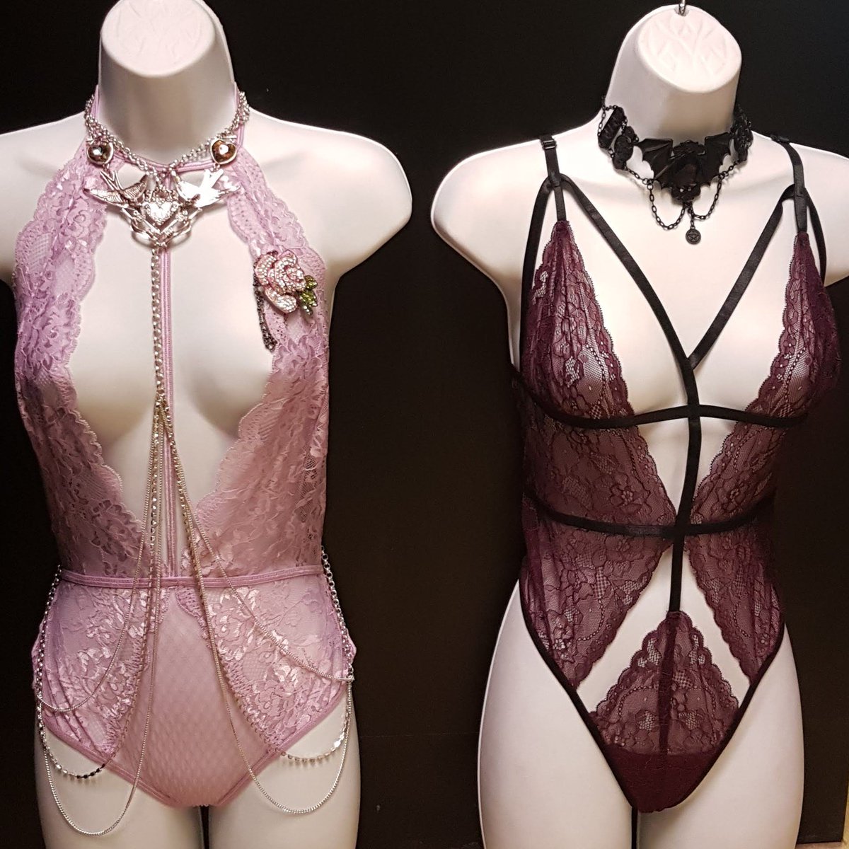 Pretty new teddies in lilac and aubergine!
#bodychain #lingerie #lacelingerie #cagedlingerie #edmontonlingerie #shoplocalyeg #choker