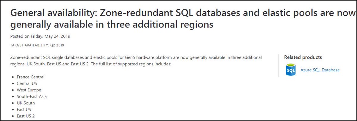Zone Redundant #SQLDatabases from @AzureSQLDB are GA! azure.microsoft.com/en-us/updates/… #cloud #SQLServer #SQL #Azure