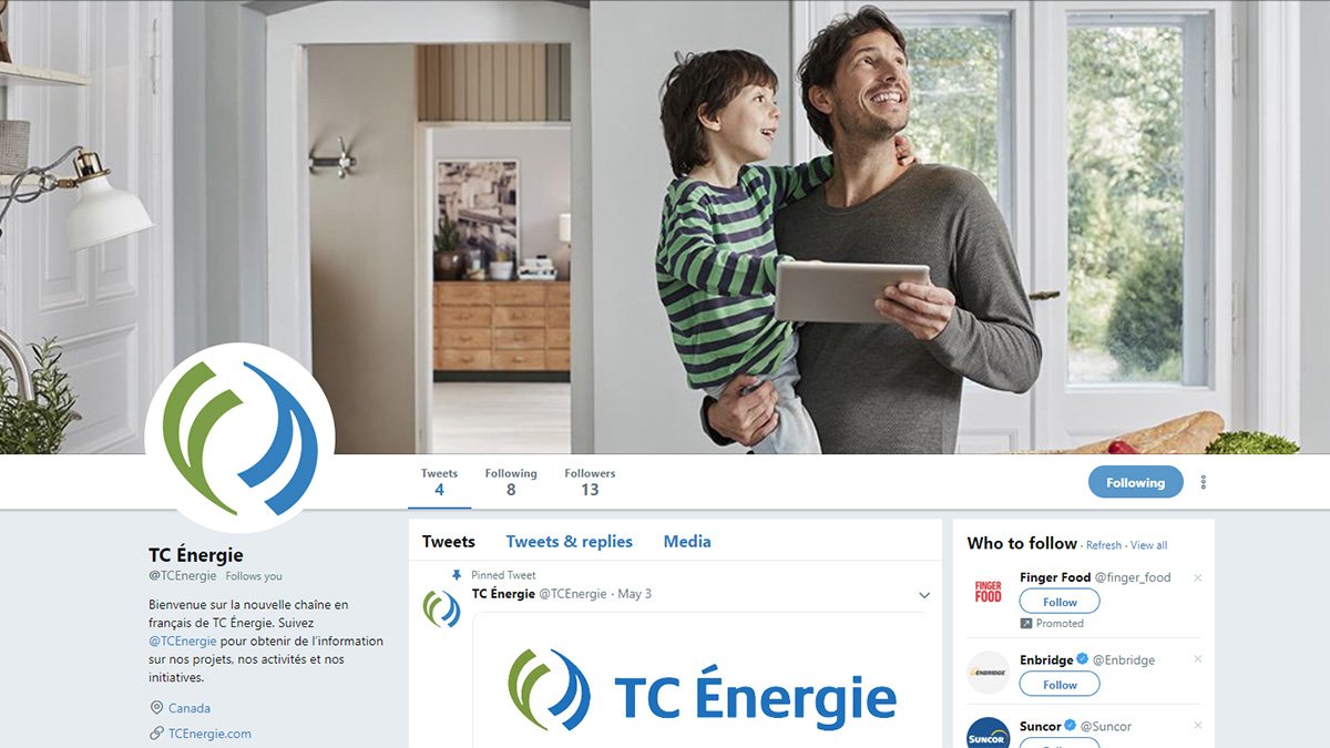 Follow <a href="/TCEnergie/">TC Énergie</a>, our new French company Twitter handle, where you can stay up to date on business announcements, project updates and other pertinent information related to us and our communities. #TCEnergie TCEnergie.com