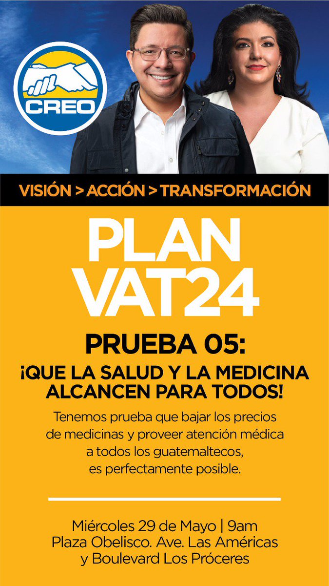 El día de mañana, miércoles 29 de mayo, estaremos presentando nuestra PRUEBA 05 de Gobierno: ¡Que la salud y la medicina alcancen para todos! Se llevará a cabo a las 9am en Plaza Obelisco, Ave Las Américas y Boulevard Los Próceres. 

Te esperamos #Elecciones2019 #YoCREOGuatemala