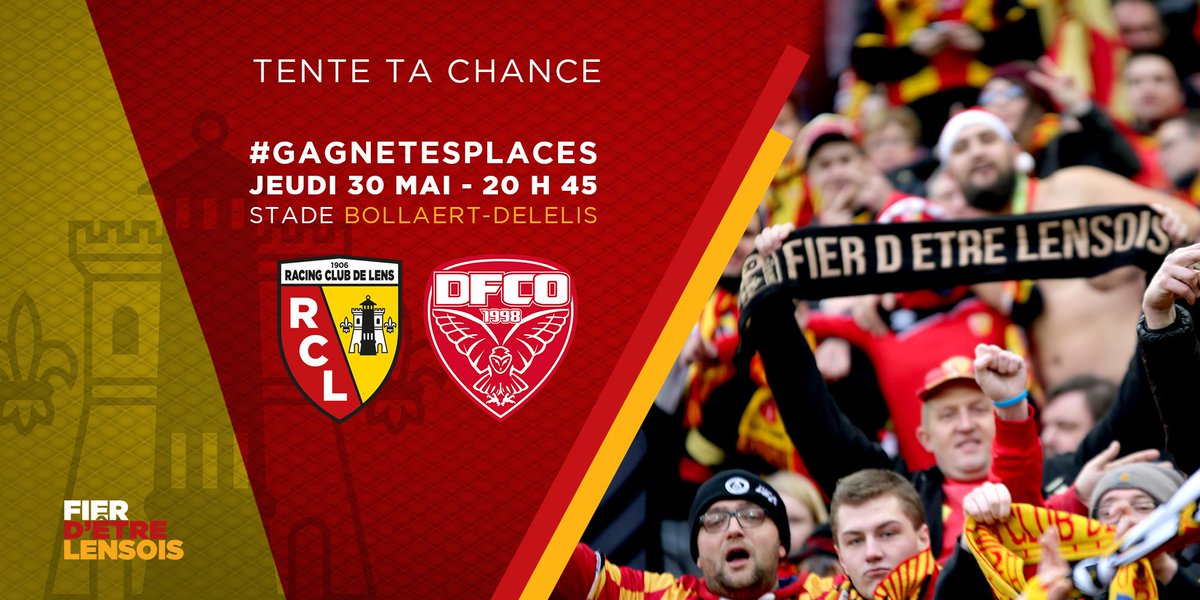 🍀 Dernière chance pour assister au barrage aller <a href="/Ligue1Conforama/">Ligue 1 Uber Eats</a> face au <a href="/DFCO_Officiel/">Dijon FCO</a> 🤞
RT + FOLLOW pour gagner 2 places pour #RCLDFCO à #BollaertDelelis ! 3 gagnants dévoilés demain ! #GagneTesPlaces #FierDEtreLensois #rclens