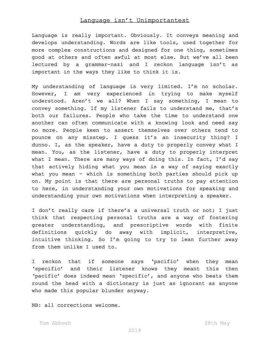 anotherfootnote's tweet photo. (sorry) my agent said I need to do this more. A letter about language: "Language isn't Unimportantest". Destined for cyber dust, helping me grapple with ideas. #Language #KnowItAll #AnotherFootnote #Writing #Antiscience #PersonalTruths #Hashtag https://t.co/YWmeTlxOmg
